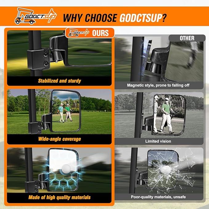 Golf Cart Mirrors, No Drilling Golf Cart Side Mirrors for Club Car EZGO YAMAHA and Others Square Tube Carts Roof Bracket(0.75/1/1.25 inch), Durable Anti-Shudder, 180 Degree Rotation