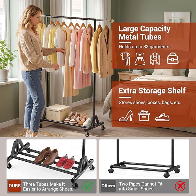 Rolling Garment Rack - Retractable Clothes Rack with Hanging Rods, Lockable Wheels and Bottom Storage Shelf - Sturdy Coat Rac