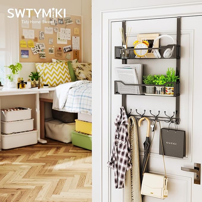 SWTYMIKI Over The Door Hooks Organizer - Multi-Functional Door Hanger with 16 Hooks & 2 Mesh Baskets, Long Coat Rack for Bath