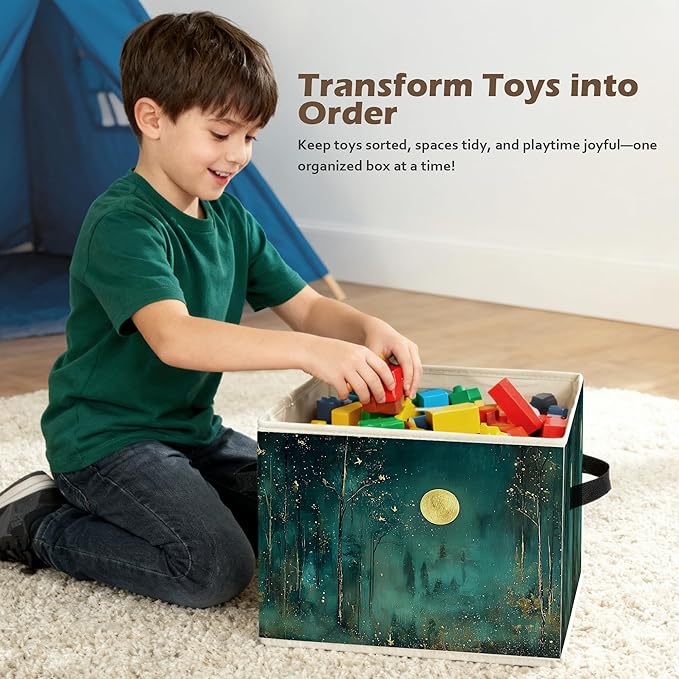 Dark Enchanted Forest Full Moon Storage Box Bins, Mystical Moonlit Night Forest Collapsible Storage Basket Organizer for Bedr