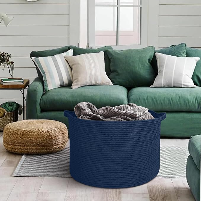 MEGASKET Dark Blue Basket for Organizing, 22" x 14" Extra Large Woven Cotton Rope Laundry Basket, Blanket Storage for Living 