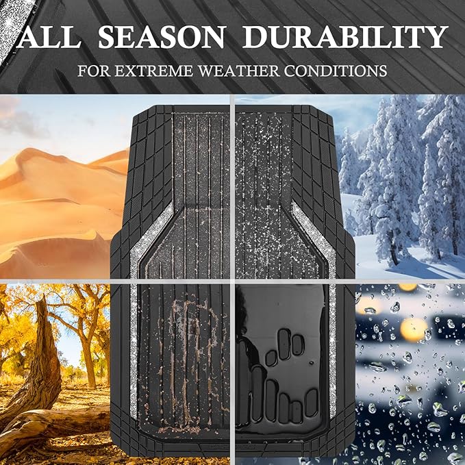 CAR PASS Glitter Heavy Duty Rubber Floor Mats for Car, Waterproof Liner Deep Dish Bling Car Mats Full Sets, Universal Trim to Fit for SUV Truck Sedans Vans, All Weather Floor Mats, Silver Sparkly
