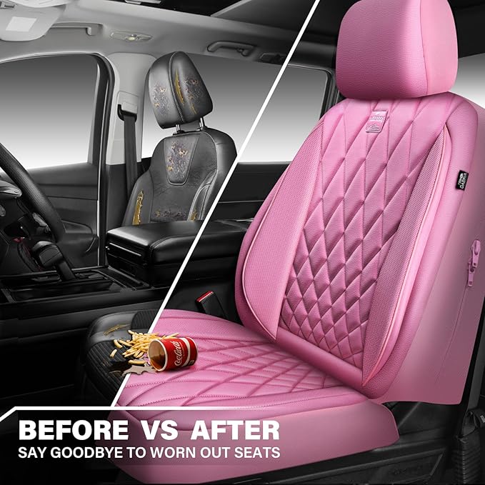 CAR PASS Piping Luxury Leather Two Front Car Seat Covers, Cute Girly Waterproof Anti Slip Seat Covers Compatible with Front S