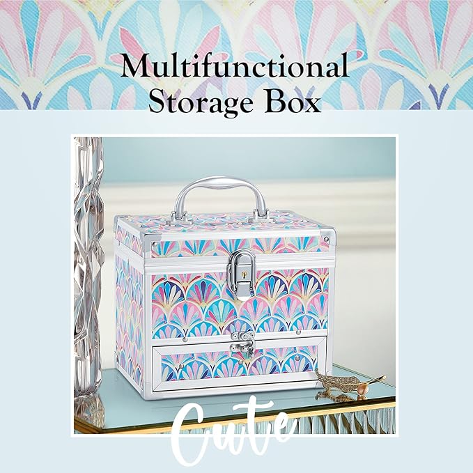 Hododou Girls Jewelry Box Organizer with Drawer & Mirror, Mermaid Tail Style Lockable Storage Case for Kid or Little Girls Je