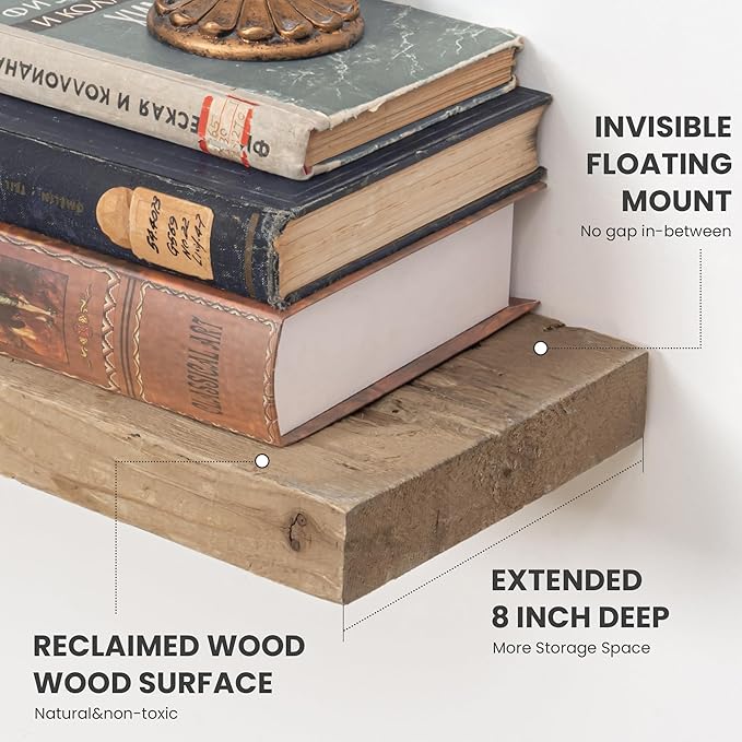 Solid Wood Floating Shelves, 8" Deep Rustic Reclaimed Barnwood Wall Hanging Floating Shelf with Invisible Heavy-Duty Metal Br