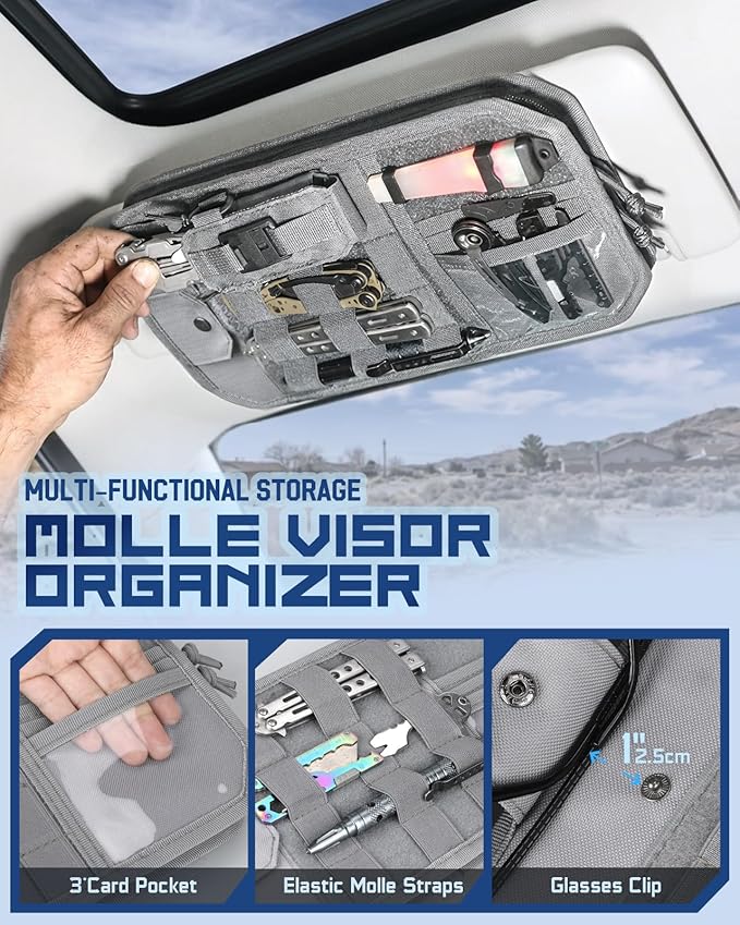Molle Car Sun Visor Organizer with Zipper Storage Pouch & Glasses Clip, Auto Semi-Rigid MOLLE Panel for Police Gear & Overlanding Accessories, Fit Most Cars, SUVs, Vans & Trucks
