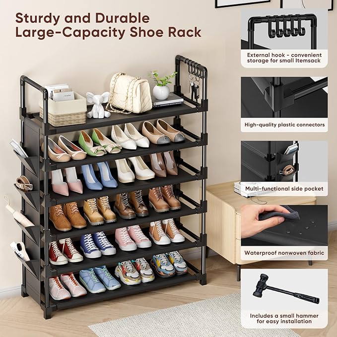 Mavivegue 6 Tier Shoe Rack for 25-30 Pairs of Shoes,Metal Shoe Rack with Hook and Side Pocket for Closet,Entryway,Hallway,Dor