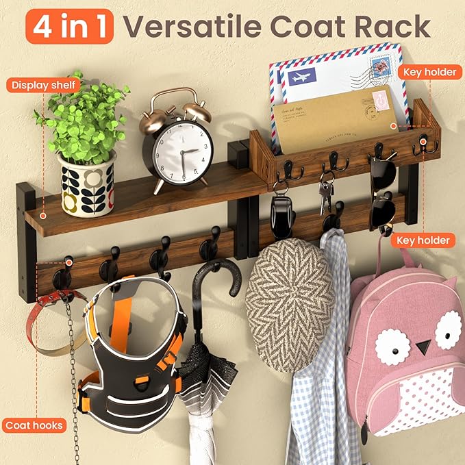 29'' Rustic Coat Rack Wall Mount with Shelf, Solid Wood Coat and Key Hanger with 11 Metal Hooks, Farmhouse Wall Organizer for