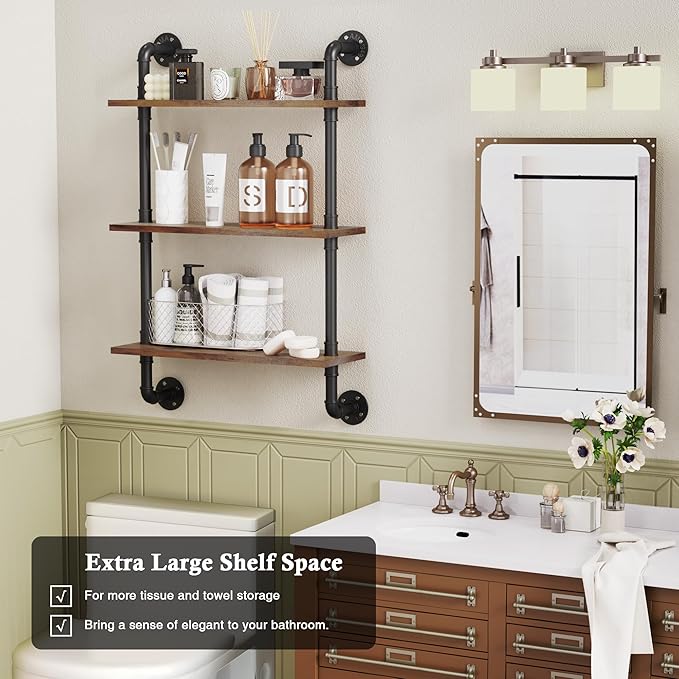 Merapi 24" Industrial Floating Shelves, Pipe Shelves for Wall, 3 Tier Rustic Wood Wall Shelves for Home Décor, Bedroom, Livin