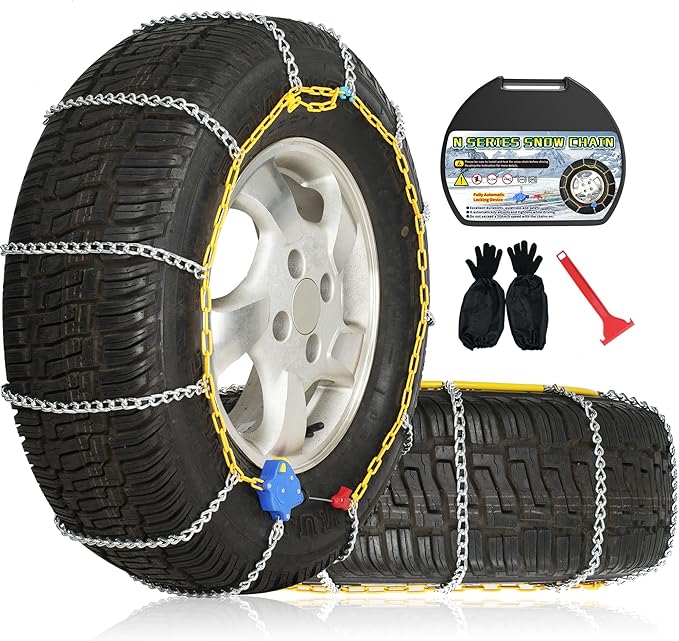 Auto Fixing Snow Chains, 2 x 12 mm, 30s Quick Installation of Tire Chains with Automatic Tensioner, Universal Emergency Tire 