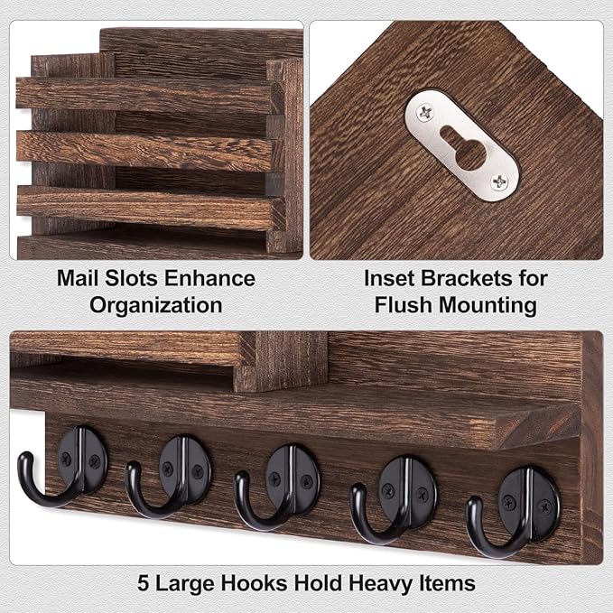 Lwenki Key Holder for Wall – Decorative Wooden Mail Holder and Key Shelf with Mounting Hardware, Installation Guide – Paulown