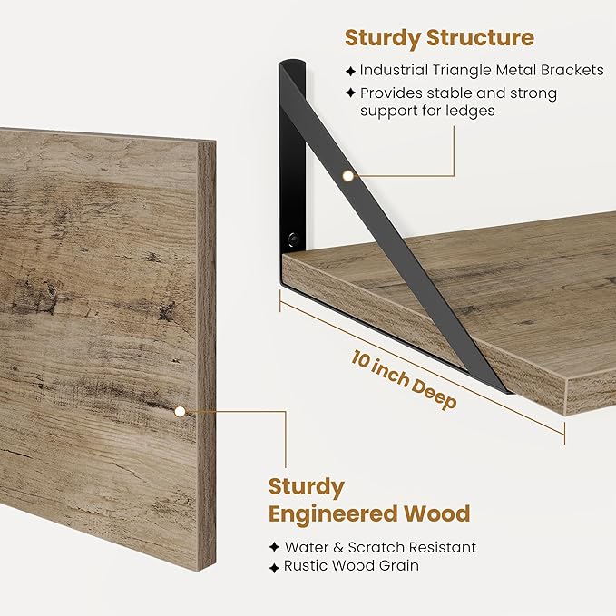 Deep Floating Shelves for Wall,36" Wx10 D Wood Wall Shelves with Metal Brackets,Hanging Storage Floating Shelf for Living Roo