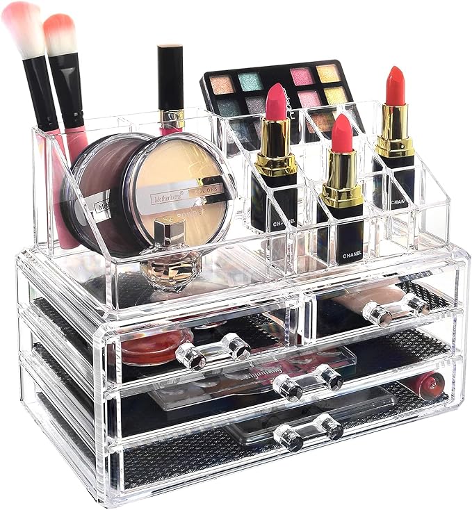 Ikee Design Acrylic Makeup Organizer with 4 Drawers and Removable Top Lipstick Holders, Ideal for Make-up or Accessories,Enha
