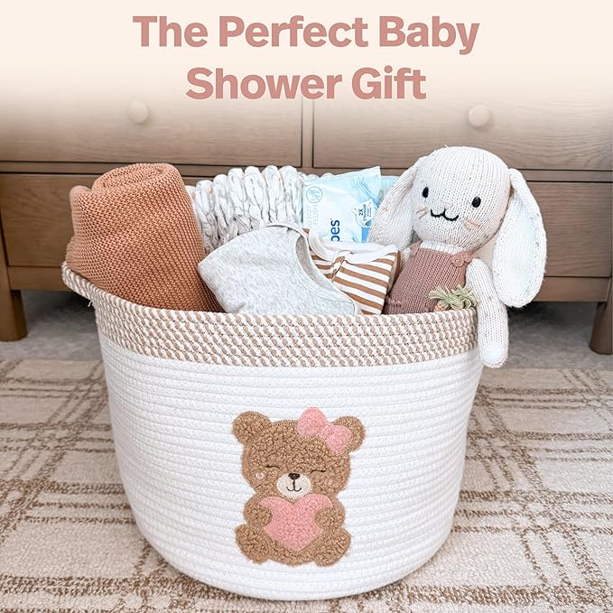 Pink Teddy Bear Storage Basket for Baby Girl Nursery – 15"x11" Cotton Rope Bin with Embroidered Bear Patch – Toy Organizer, B