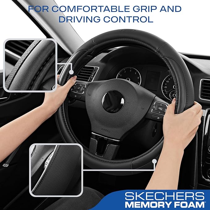 Skechers Steering Wheel Cover Memory Foam,Luxury Leather Steering Wheel Covers,Universal Anti-Slip Fit 14" 1/2-15" Car Wheel 