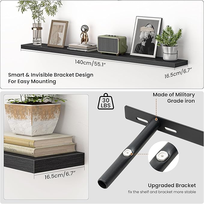 Heimlove 55 Inch Floating Shelves for Wall,Extra Long Mounted Storage Wall Shelves with Invisible Metal Bracket for Bedroom L