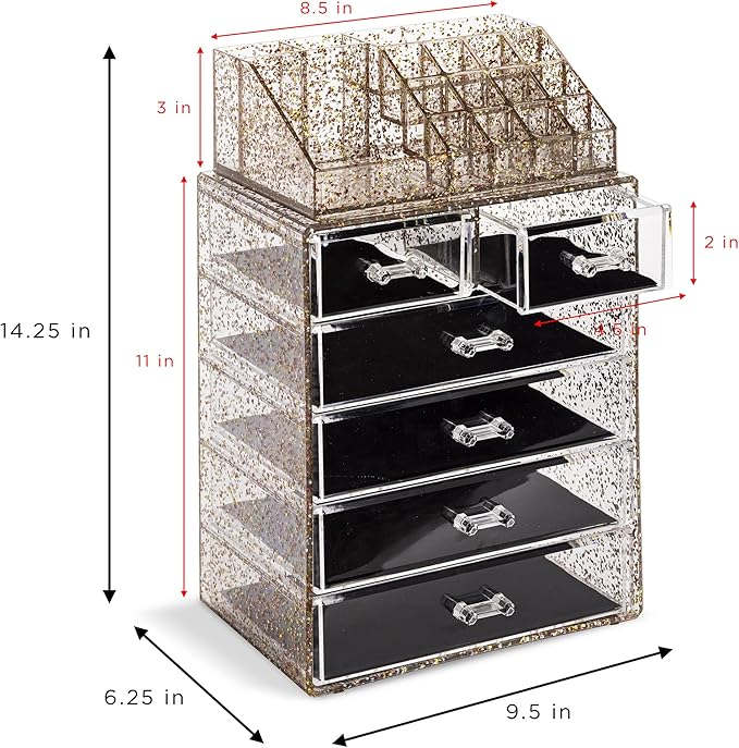 Sorbus Acrylic Makeup Organizer Set, 6-Drawer Vanity & Countertop Cosmetic Storage with Small & Wide Compartments, Glitter Ma