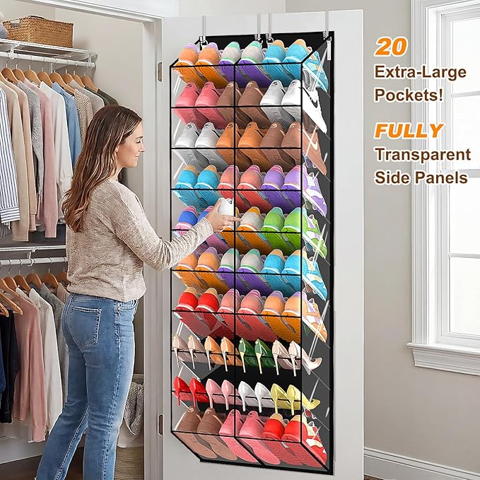20-30 Pairs Over the Door Shoe Organizer, Transparent PVC Hanging Shoe Rack for Closet, 10-Tier Door Shoes Storage, Crystal-C
