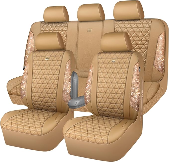 CAR PASS Bling Diamond Beige Leather Car Seat Covers Full Sets Interior Set, Waterproof Shining Glitter Sparkly Crystal Unive