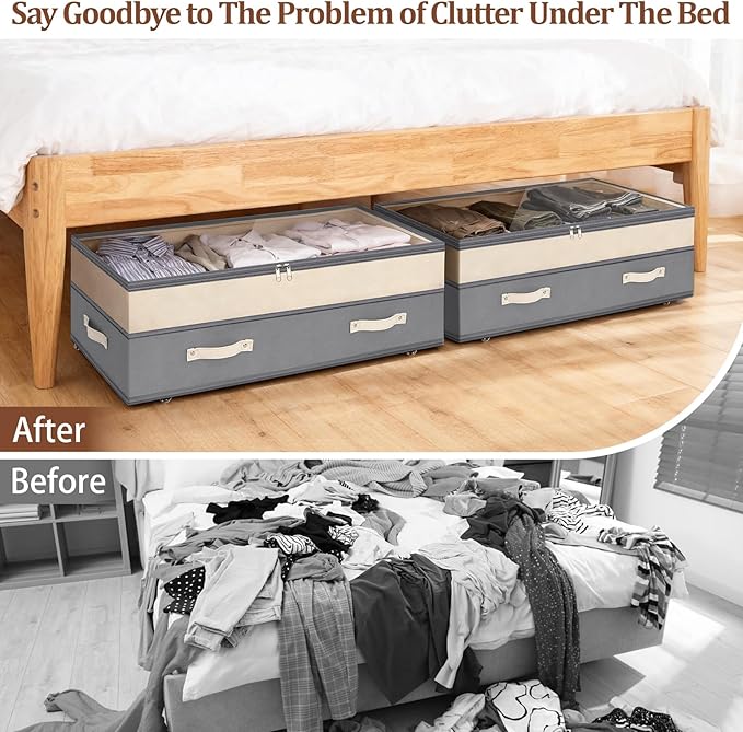 Dolicer 2 Pack Under Bed Storage with Wheels, 6in-10in Height Adjustable Underbed Storage Containers, 92L XXXL Under Bed Draw