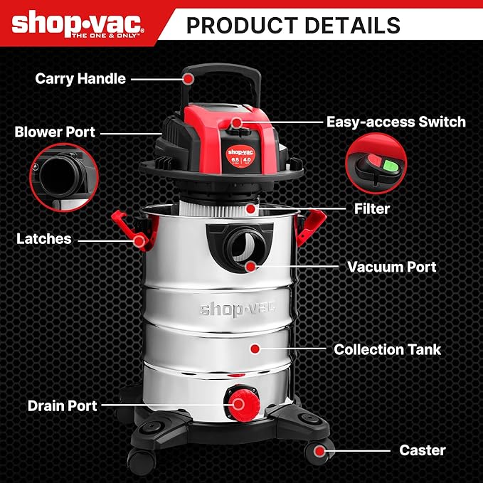 Shop-Vac 6.5 Gallon 4.0 HP Wet/Dry Vacuum with Blower Function, Stainless Steel Tank, Portable Shop Vacuum with Wheels, Inclu
