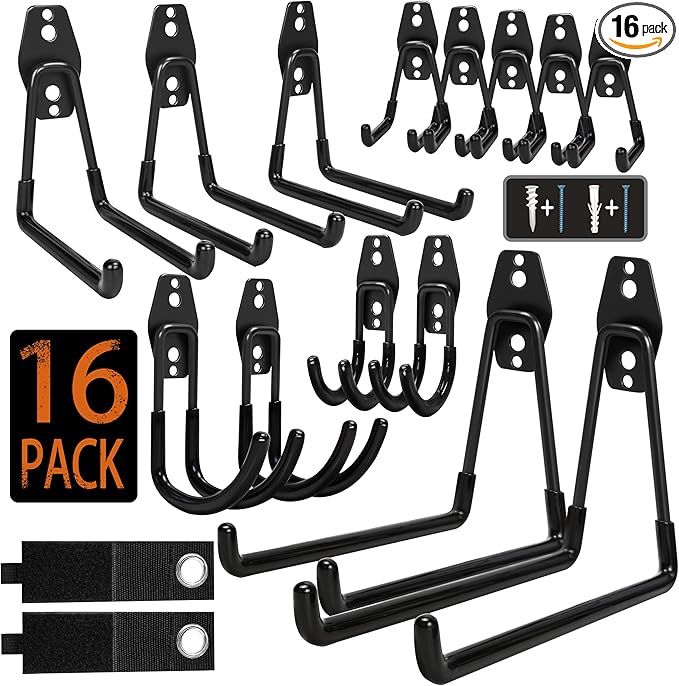 KOFANI Steel Garage Storage Hooks - 16 Pack Anti-Slip Coating, Heavy Duty Wall Mount Hooks for Hanging Bike, Ladder, Garden T