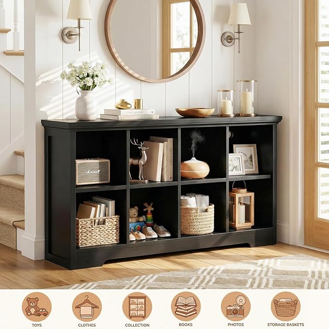Aheaplus Wooden 8-Cube Storage Organizer with Charging Ports, Modern Cube Bookcase with Base, 3-Tier Floor Standing Open Cubb