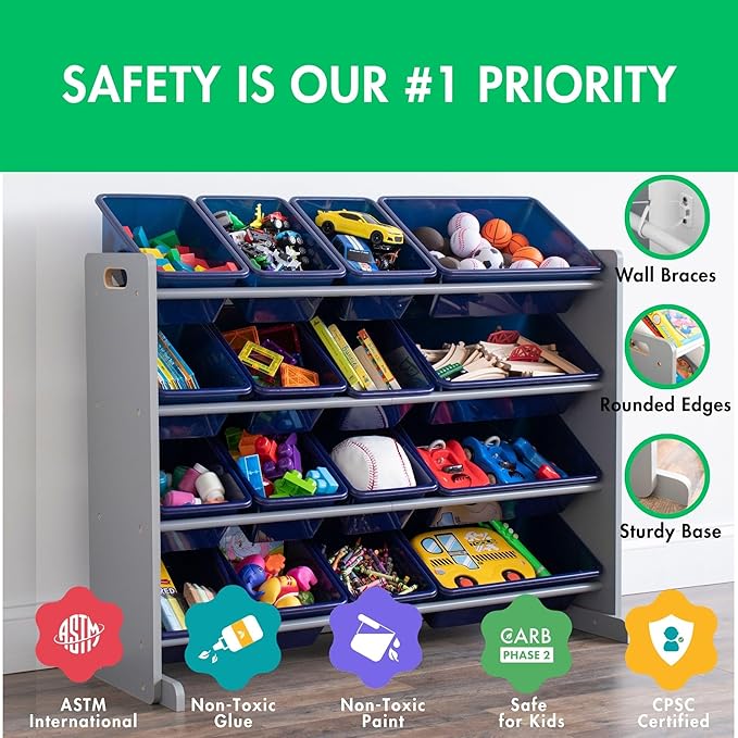 Humble Crew Supersized Toy Storage Organizer with 16 Removable Bins, Grey/Navy – Large Toy Storage for Toddlers Ideal for Kid