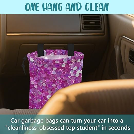 Car Garbage Bag Pink and Purple Hexagonal Hanging Canvas Car Trash Bag Drawstring Car Back Seat Organizer for Car Back Front Seat Console with Adjustable Buckle