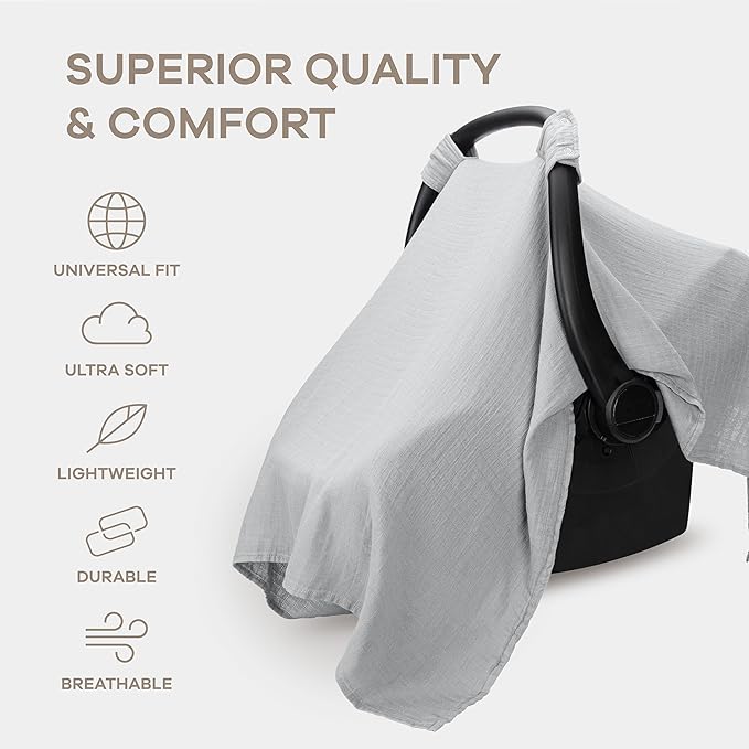 Comfy Cubs Baby Car Seat Cover - Soft, Breathable Bamboo Rayon and Muslin Cotton Blend - Lightweight Canopy for Sun, Bug, and