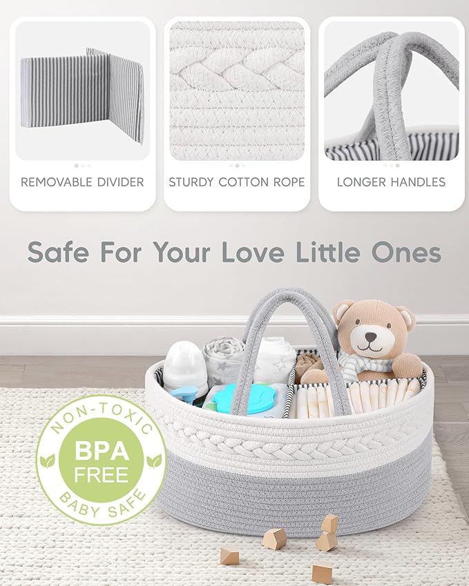 Maliton Cotton Rope Diaper Caddy Organizer - Nursery Storage Caddy, Baby Boy Changing Table Must Have, Perfect