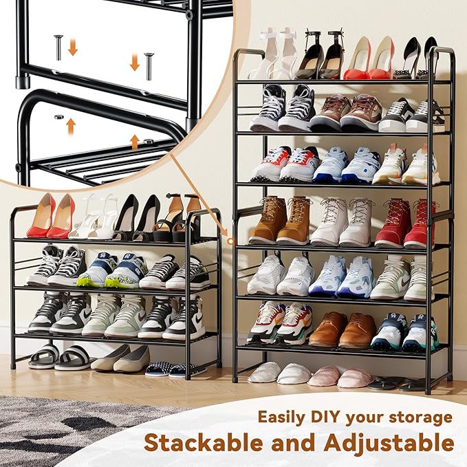 Shoe Organizer for Closet, Metal Shoe Shelf Rack Stackable 3 Tier 27 Inch Wide for Entryway, Adjustable, Black