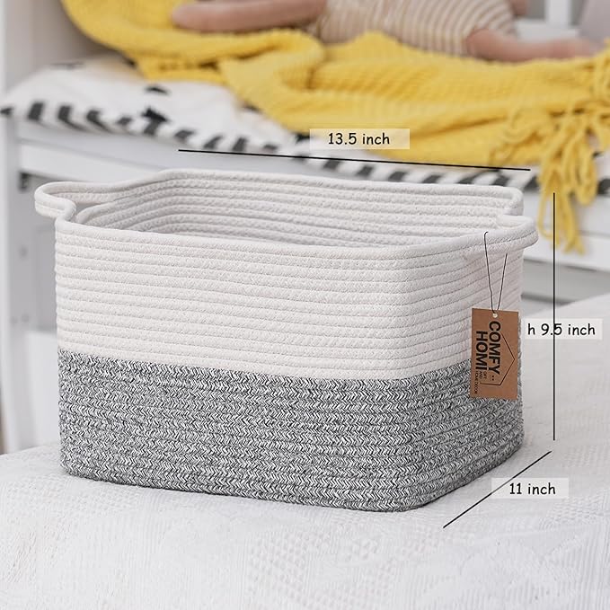 COMFY-HOMI 3-Pack Cotton Rope Woven Rectangular Basket with Handles for Organizing, 13.5" x 11" x 9.5", White/Grey