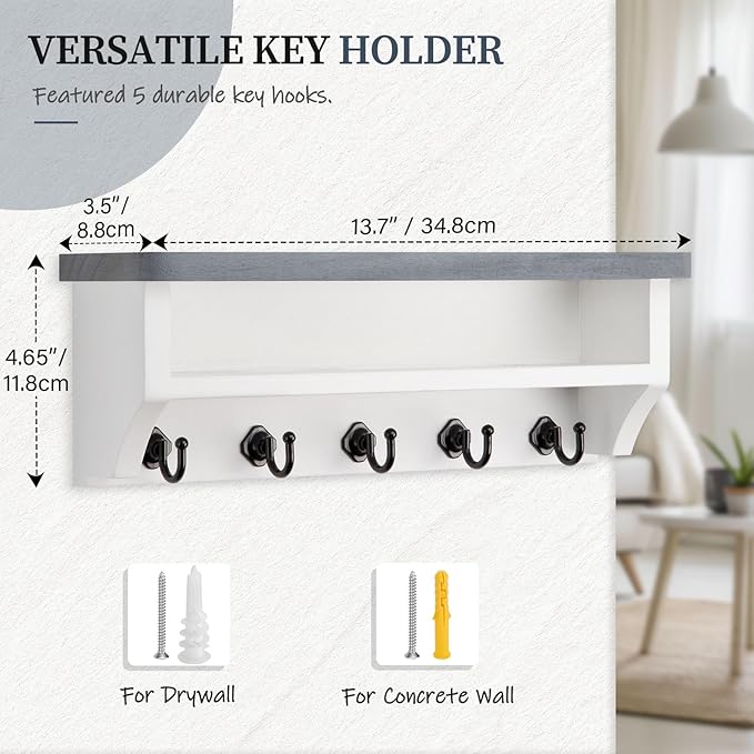 Nekon Key Holder Wall Mount, Wall Organizer Shelf with 5 Key Hooks, Room Decor for Home and Apartment Essentials, Gray and Wh