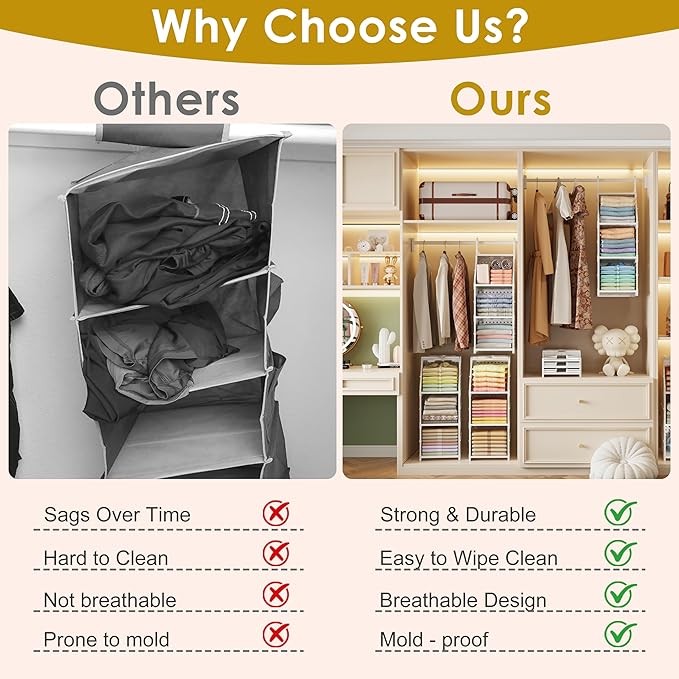 Honkazita 3-Tier Foldable Closet Hanging Organizer, Free-Standing | Hanging Closet Shelves for Wardrobe Laundry Room, Plastic
