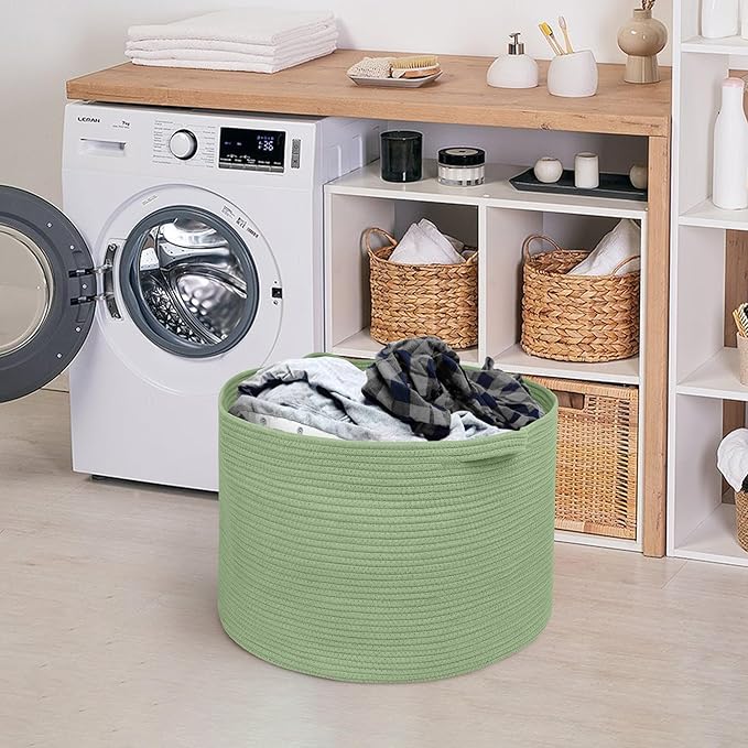 MEGASKET Extra Large Green Basket, 22" X 22" X 14" Woven Cotton Rope Baskets for Blankets, Nursery Laundry Basket, Cute Kids 