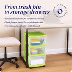 HOMZ Drawer Tower, 3-Tier Clear Plastic Storage Organizer Cart, Bold Lime Frame - Rolling Drawer Containers with Wheels for B