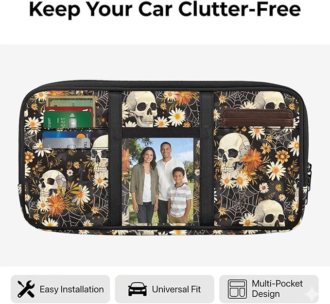 Skull Daisy Zippered Auto Car Sun Visor Organizer with Adjustable Straps and Multi-Pocket Car Sun Visor Storage Box with Picture Holder Easy Installation Universal Fit for Most Cars SUV