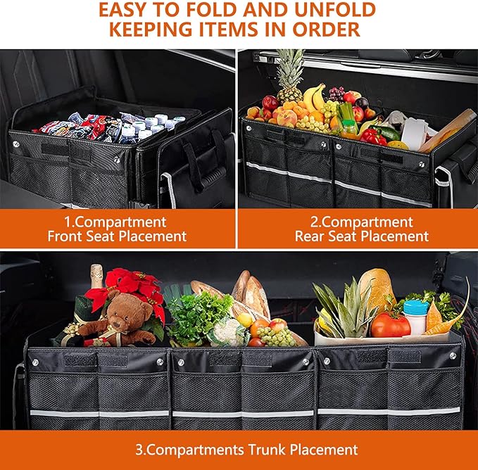 Car Trunk Organizer with Insulated Cooler Bag, Foldable Waterproof Storage Organizer with Lid for SUV, Truck, Sedan - 4 Large