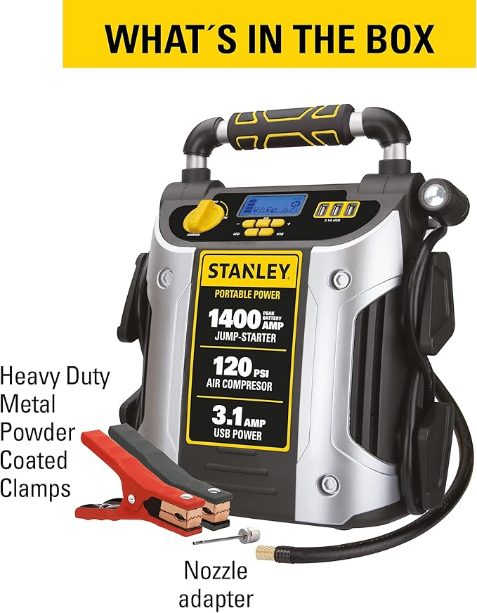 Stanley J7C09D 1400 Peak Amp Automotive Jump Starter, Portable Power - Triple 15W USB Ports, 120 PSI Air Compressor for