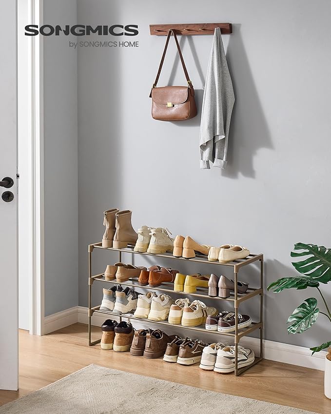 SONGMICS Shoe Rack, 3-Tier Shoe Organizer, Metal Storage Shelf, Upright or Upside Down, for 16-20 Pairs, Stackable, for Entry