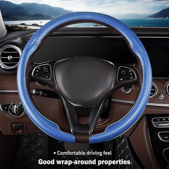 Car Steering Wheel Cover Carbon Fiber Snap On Steering Wheel Accessories Wrap 14.5-15 inch Universal Grip Anti-Skid Protector, Matte Blue