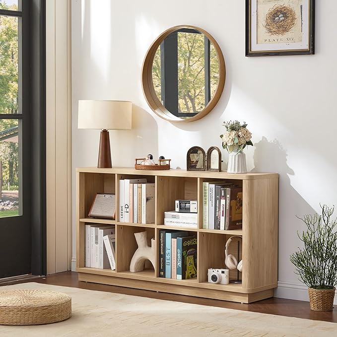 Joaxswe 8 Cube Storage Book Shelf, 52" Long Horizontal Bookshelf with Curved Edge, Floor Standing Wooden Cubby Bookcase with 