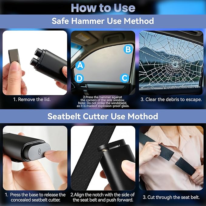 Dual-Head Car Safety Hammer, Upgraded 2-in-1 Window Breaker & Seatbelt Cutter for Traffic Accidents and Emergency Rescue, Und