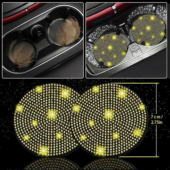 NBTEPEM 30 Pcs Yellow Bling Car Accessories Set for Women, Steering Wheel Cover Set, Bling Console Cover, Seat Belt Cushion, Shift Knob Cushion, Cup Holder Coaster, Rhinestone Car Hanging Accessories