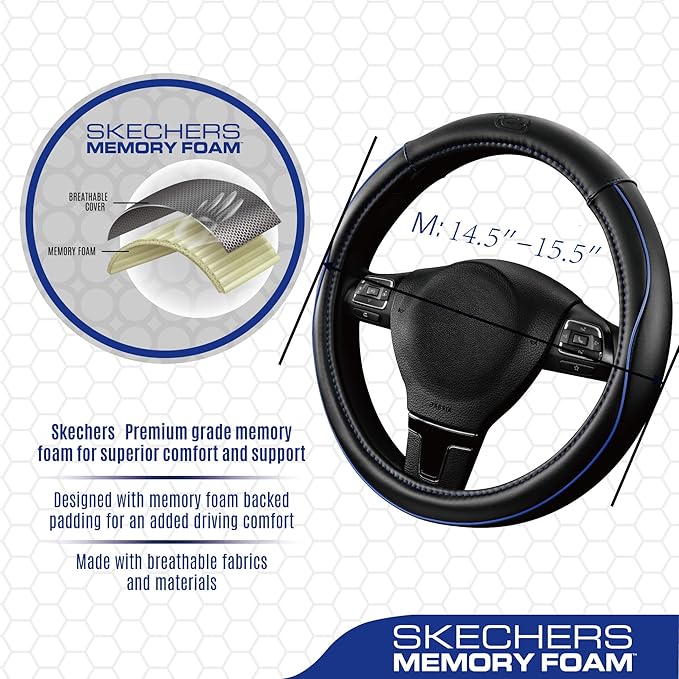Skechers Memory Foam Steering Wheel Cover,Piping Microfiber Leather Steering Wheel Cover Sporty Universal Fit 14" 1/2-15" Car