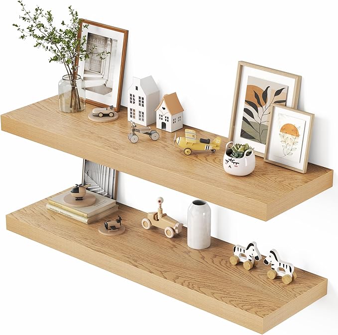 Dreamland 48" Floating Shelves for Wall, 12" Deep Thicker Oak Floating Shelves, Wall-Mounted Shelves for Bedroom, Living Room