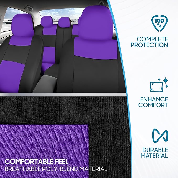 BDK PolyPro Car Seat Covers Full Set in Purple on Black – Front and Rear Split Bench Seat Covers for Cars, Easy to Install Ca