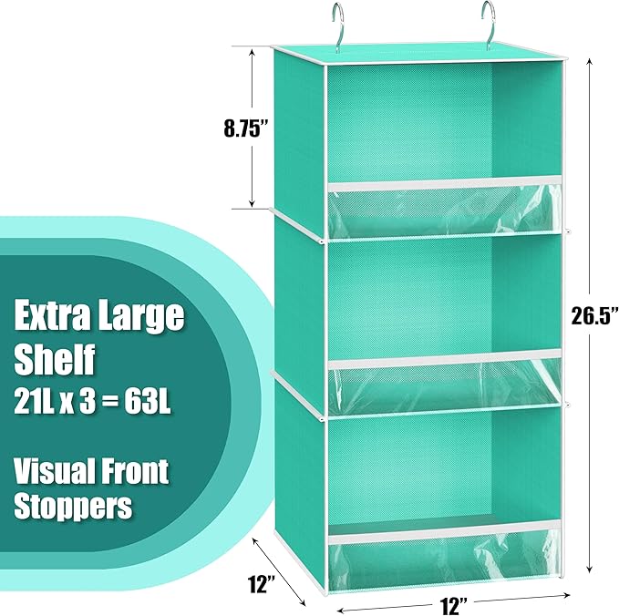 Simple Houseware 3 Shelf Hanging Closet Organizer with Front Stopper, Turquoise
