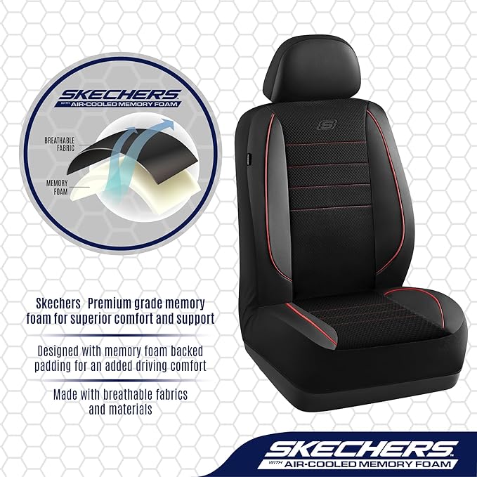 Skechers Air-Cooled Memory Foam Seat Covers,Mesh Thick Car Seat Covers,Piping Leather Car Seat Cover Full Set,Airbag Compatib